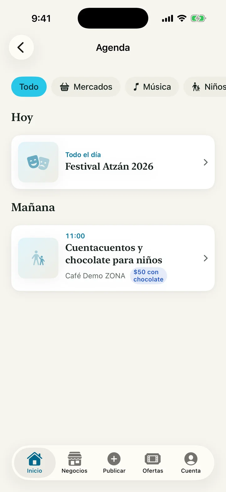 La agenda de ZONA, con filtros de mercados, música y niños, y los eventos de hoy y de mañana.